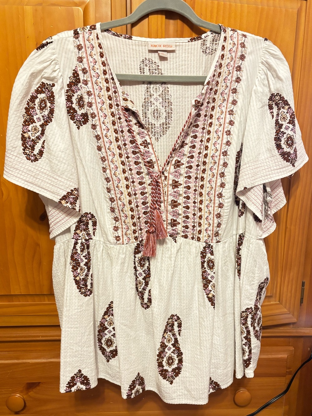 Knox Rose Cream Peasant Top with Rust Embroidery
